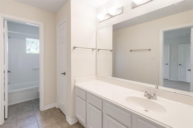 full bathroom with vanity, tile patterned floors, bathtub / shower combination, and baseboards