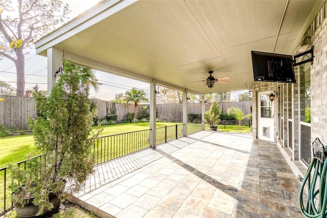 view of patio / terrace featuring a ceiling fan and a fenced backyard