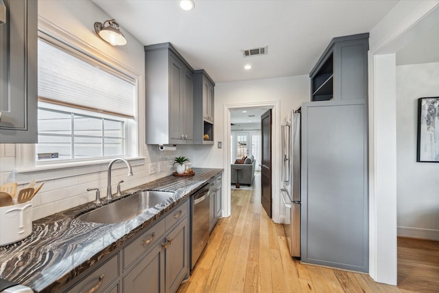 805 Sue St, Houston, TX 77009 - kitchen with a sink, open shelves, stainless steel appliances, backsplash, and light wood-type flooring