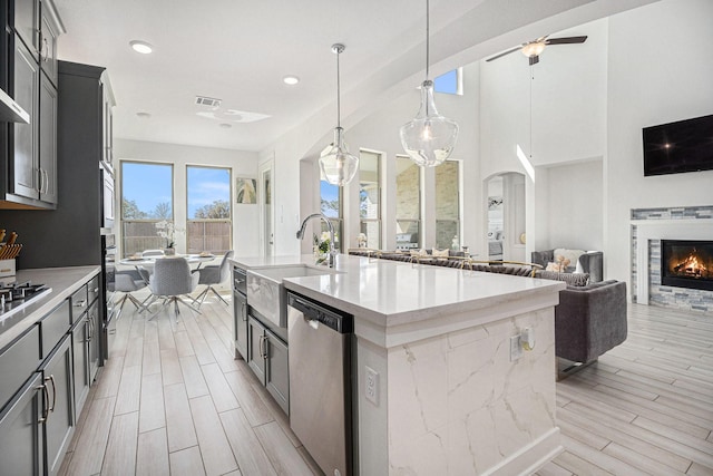 kitchen featuring wood finish floors, a sink, appliances with stainless steel finishes, a glass covered fireplace, and open floor plan