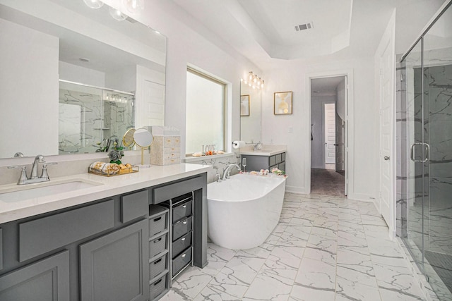 bathroom with a marble finish shower, visible vents, marble finish floor, and a soaking tub