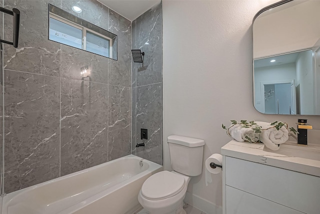 bathroom with vanity, shower / tub combination, toilet, and baseboards