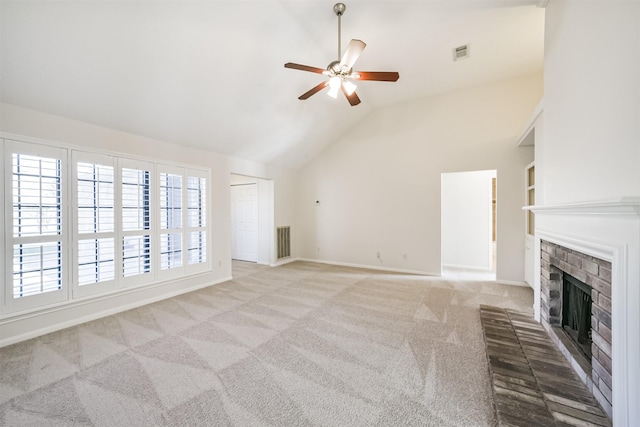 unfurnished living room with visible vents, a fireplace, a ceiling fan, and carpet