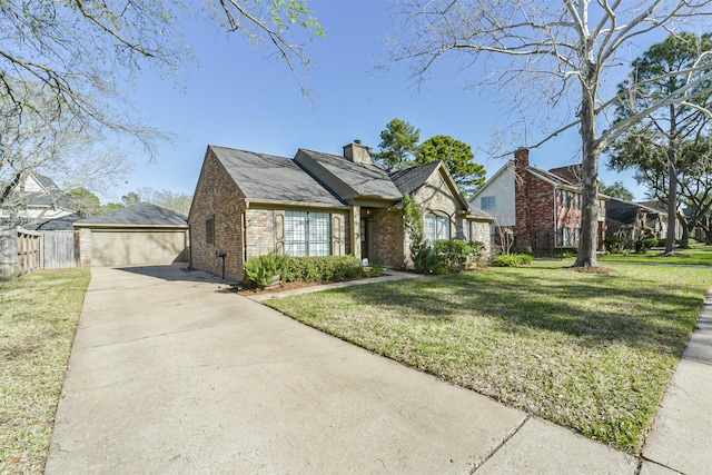 view of front of home with a front lawn, a detached garage, fence, brick siding, and a chimney