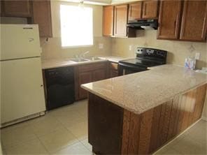 kitchen with black appliances, under cabinet range hood, a sink, a peninsula, and light countertops