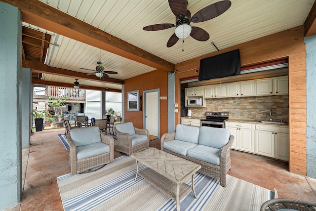 living area with wooden walls, beamed ceiling, and ceiling fan