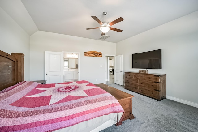 bedroom featuring visible vents, baseboards, vaulted ceiling, carpet floors, and a ceiling fan