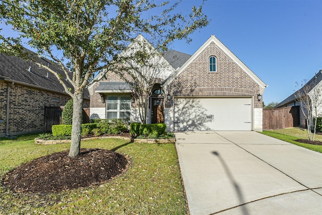 view of front of house with brick siding, driveway, a front lawn, and fence