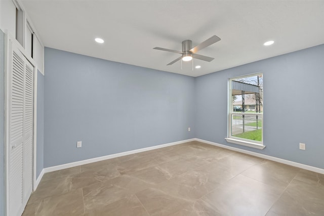 unfurnished room featuring recessed lighting, baseboards, and ceiling fan