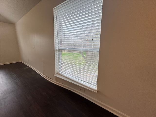 empty room featuring lofted ceiling, wood finished floors, and baseboards