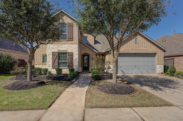 view of front of house featuring brick siding, stone siding, concrete driveway, and a garage