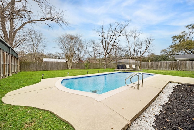 view of pool with a lawn, a patio, a fenced backyard, and a fenced in pool