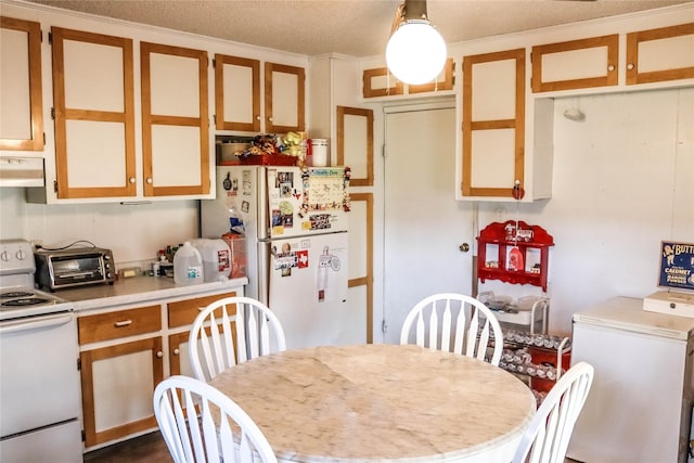 kitchen with under cabinet range hood, white appliances, a toaster, and light countertops