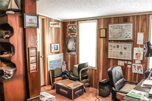 office featuring a textured ceiling and wood walls