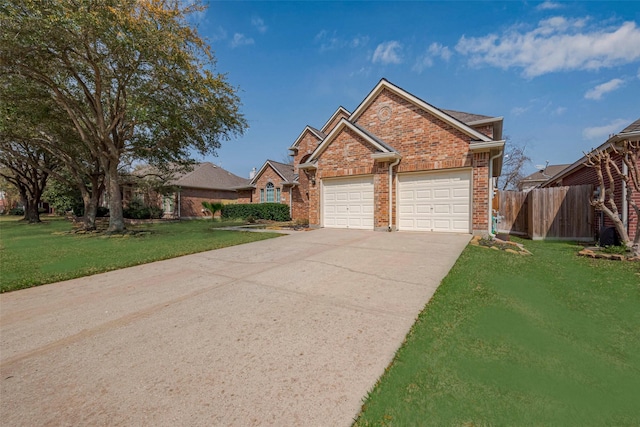 ranch-style home with brick siding, a front lawn, fence, concrete driveway, and an attached garage