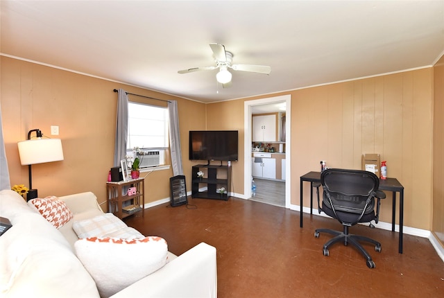 living area with ceiling fan, cooling unit, baseboards, and finished concrete flooring