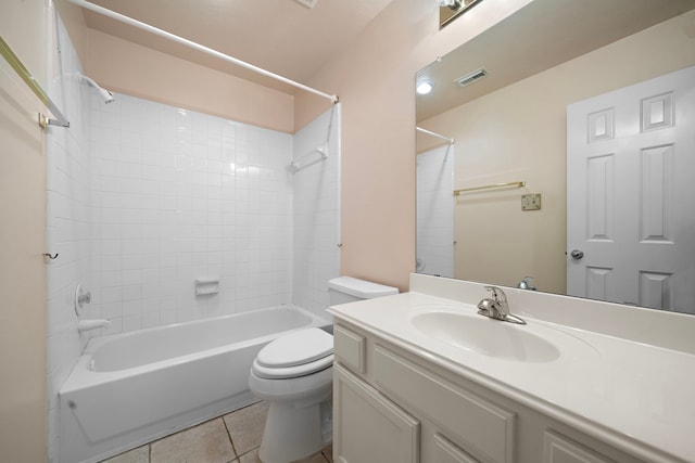 full bathroom with tile patterned floors, visible vents, toilet,  shower combination, and vanity