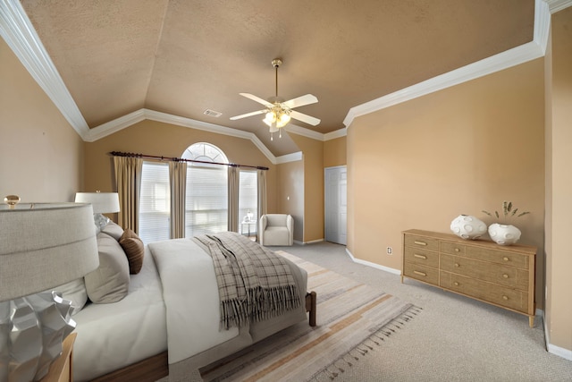 bedroom with visible vents, light carpet, lofted ceiling, and ornamental molding