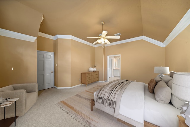 bedroom featuring baseboards, visible vents, vaulted ceiling, crown molding, and light colored carpet