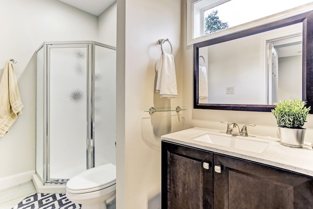 full bath with vanity, toilet, a shower stall, and tile patterned flooring