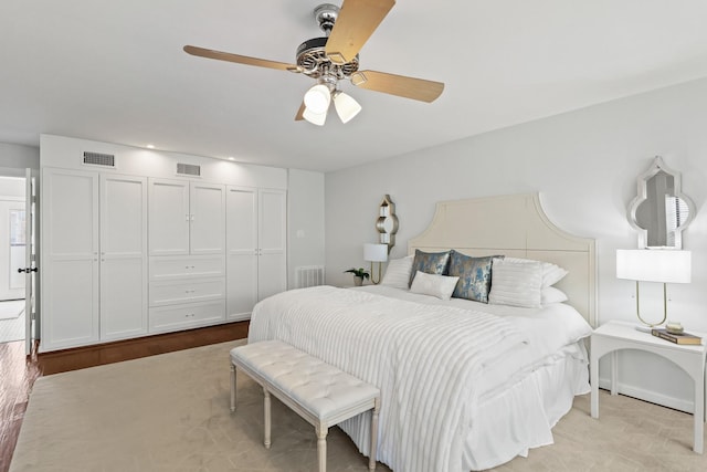 bedroom featuring a closet, visible vents, and ceiling fan