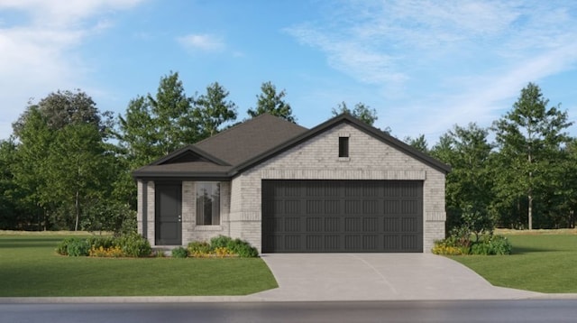 view of front of house featuring a front yard, a garage, brick siding, and concrete driveway