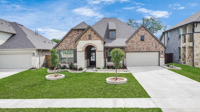 view of front of house featuring brick siding, roof with shingles, concrete driveway, and a front lawn