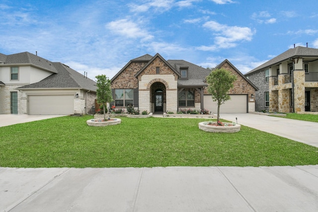 french country inspired facade with a front lawn, concrete driveway, a shingled roof, a garage, and brick siding