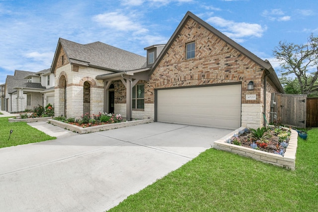 view of front facade with driveway, an attached garage, a front lawn, stone siding, and brick siding