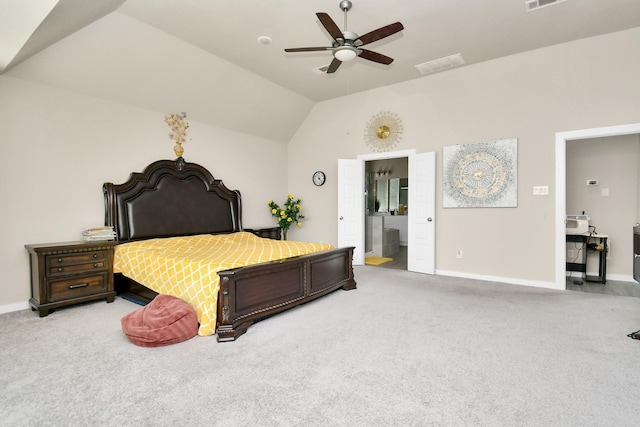 bedroom with visible vents, baseboards, lofted ceiling, carpet floors, and a ceiling fan