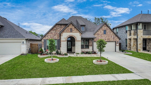 french provincial home with driveway, a front lawn, stone siding, roof with shingles, and brick siding