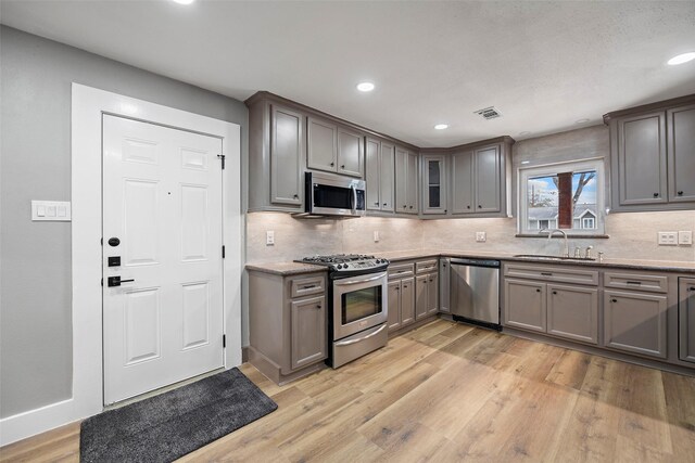 kitchen featuring light wood finished floors, visible vents, decorative backsplash, stainless steel appliances, and a sink