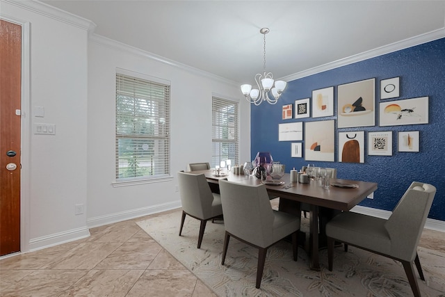 dining room with baseboards, a notable chandelier, and ornamental molding