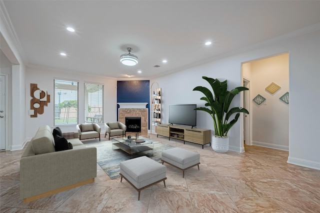 living area featuring visible vents, recessed lighting, crown molding, baseboards, and a tile fireplace