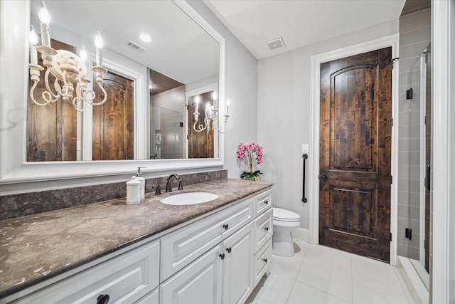 bathroom with tile patterned flooring, visible vents, toilet, a stall shower, and vanity