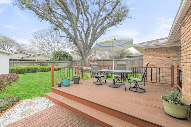 deck featuring a fenced backyard, a lawn, and outdoor dining space