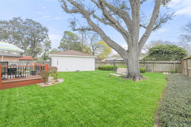 view of yard with a wooden deck and a fenced backyard