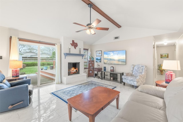 living area featuring a brick fireplace, vaulted ceiling with beams, a ceiling fan, and visible vents