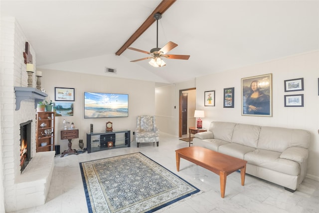 living room featuring visible vents, marble finish floor, a fireplace, ceiling fan, and vaulted ceiling with beams