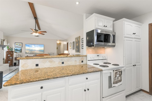 kitchen featuring marble finish floor, white range with electric cooktop, light stone counters, stainless steel microwave, and vaulted ceiling with beams