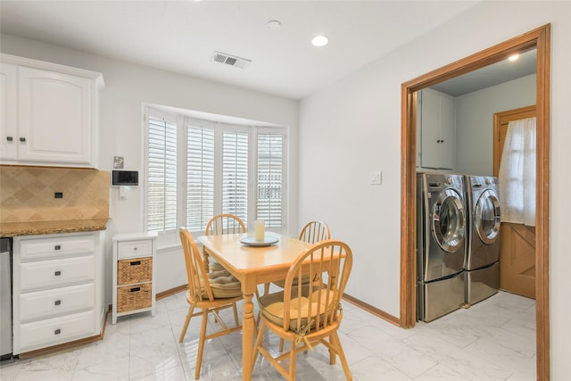 dining area with visible vents, marble finish floor, recessed lighting, baseboards, and washing machine and clothes dryer