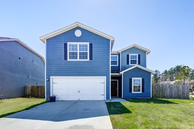 traditional-style home with a garage, concrete driveway, a front yard, and fence