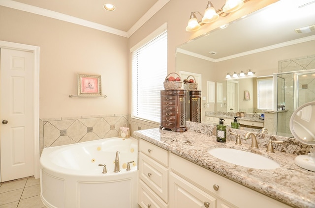 full bathroom with tile patterned floors, visible vents, a tub with jets, a shower stall, and crown molding