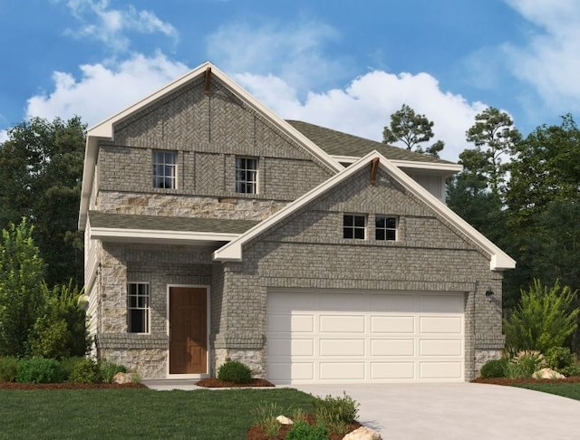 craftsman-style house featuring concrete driveway, a garage, and a front lawn