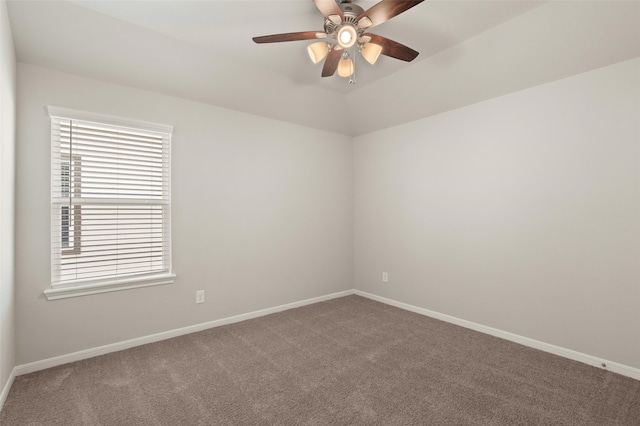 unfurnished room featuring ceiling fan, baseboards, and carpet floors