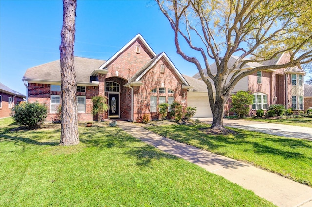 traditional-style home with a garage, brick siding, concrete driveway, and a front yard