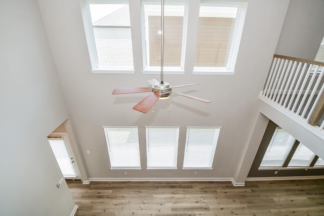 details with baseboards, wood finished floors, and a ceiling fan