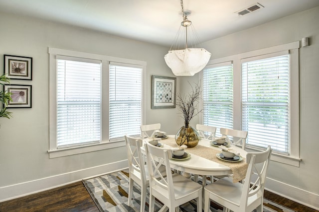 dining room with dark wood finished floors, a healthy amount of sunlight, visible vents, and baseboards