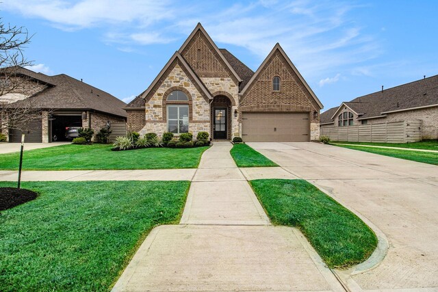 view of front facade with a front lawn, fence, brick siding, and driveway