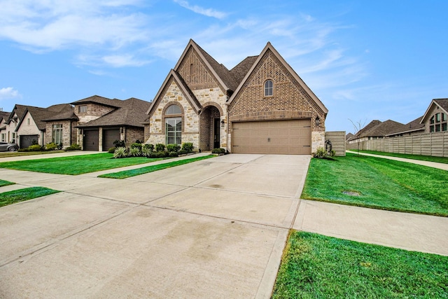 view of front of house with driveway, brick siding, and a front yard